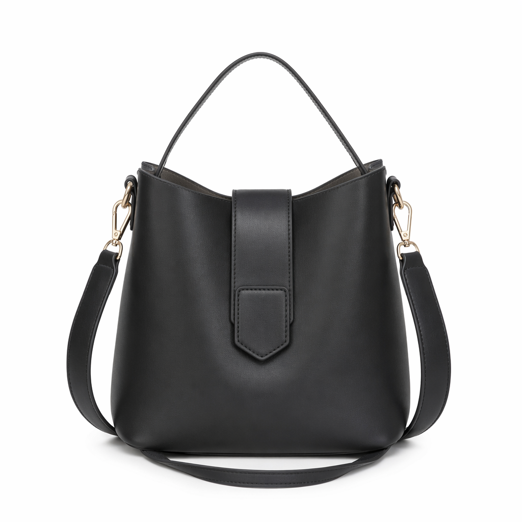 Bucket Bag with Wide Shoulder Strap for Women made of Vegan Leather Black