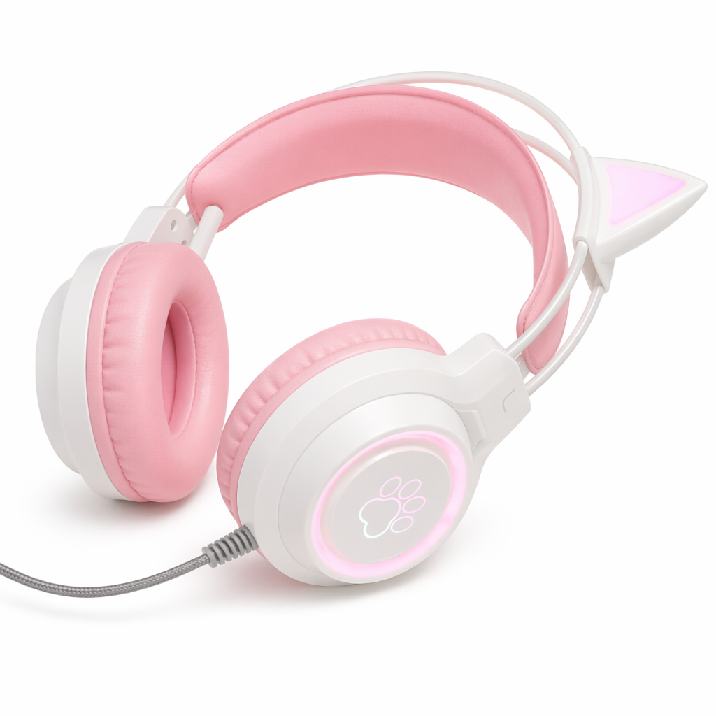 Headphones with LED Cat Ears that Light Up and Move in Sync with Music Pink