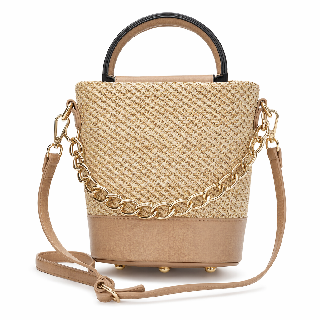 Summer Straw Bag with Chain Accents: Embrace the Season in Style! Khaki