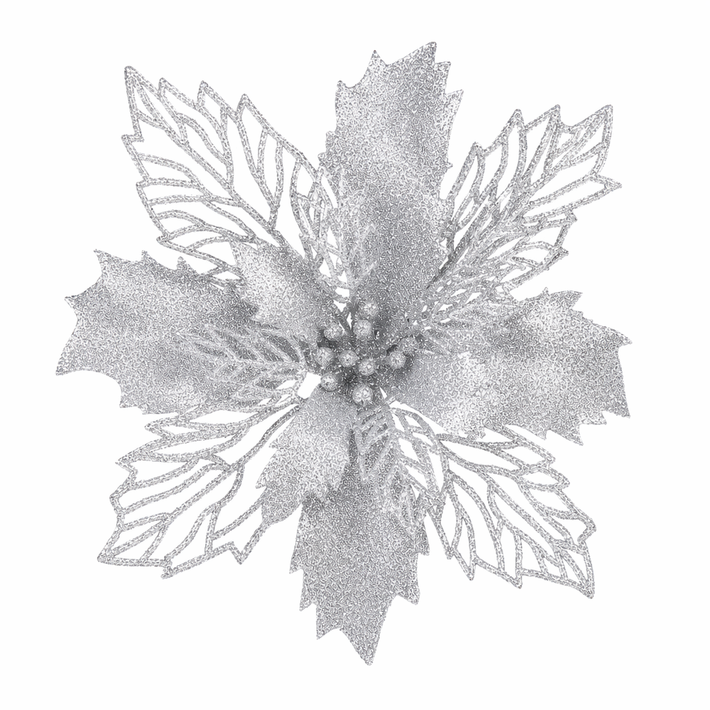 Set of 10 Glittery Flower Christmas Tree Ornaments Silver