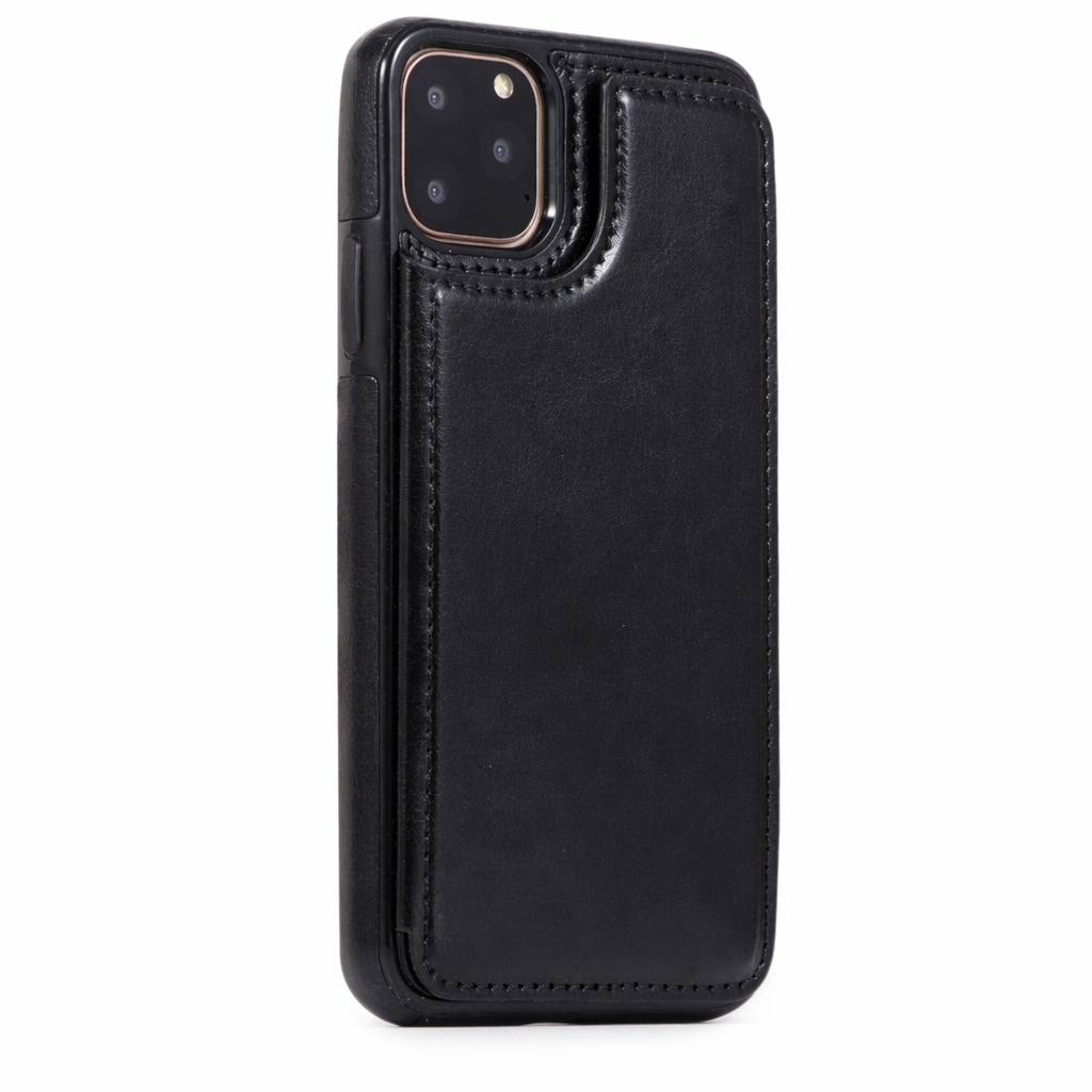 Retro-Themed Vegan Leather Flip Wallet Case for iPhone 11 to 15 Black