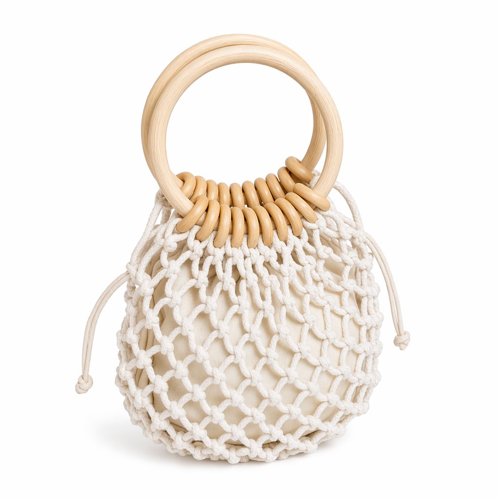 Cotton Crochet Bag with Rattan Ring Handle for the Summer Season Off White