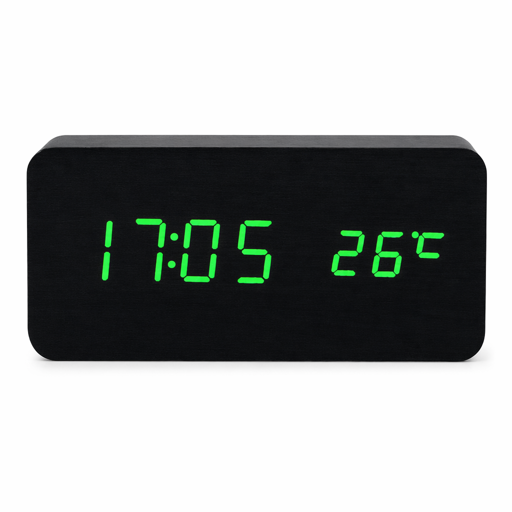 Wooden LED Digital Clock with Temperature Indicator Black with Green