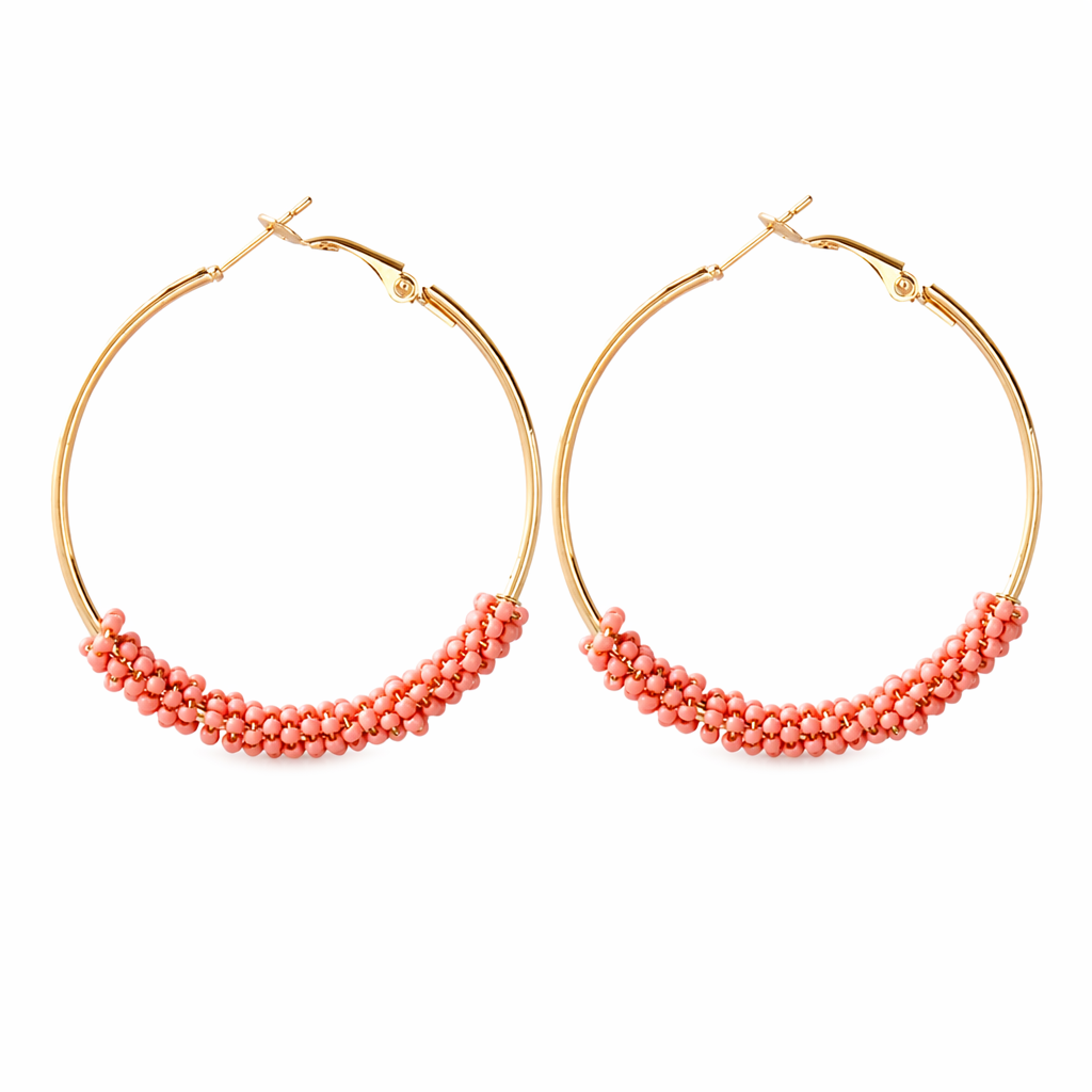 Vibrant Beaded Circular Hoop Earrings Pink