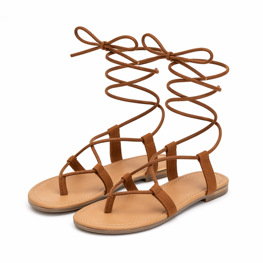 Roman Style Women's Strappy Sandals with Laces Brown