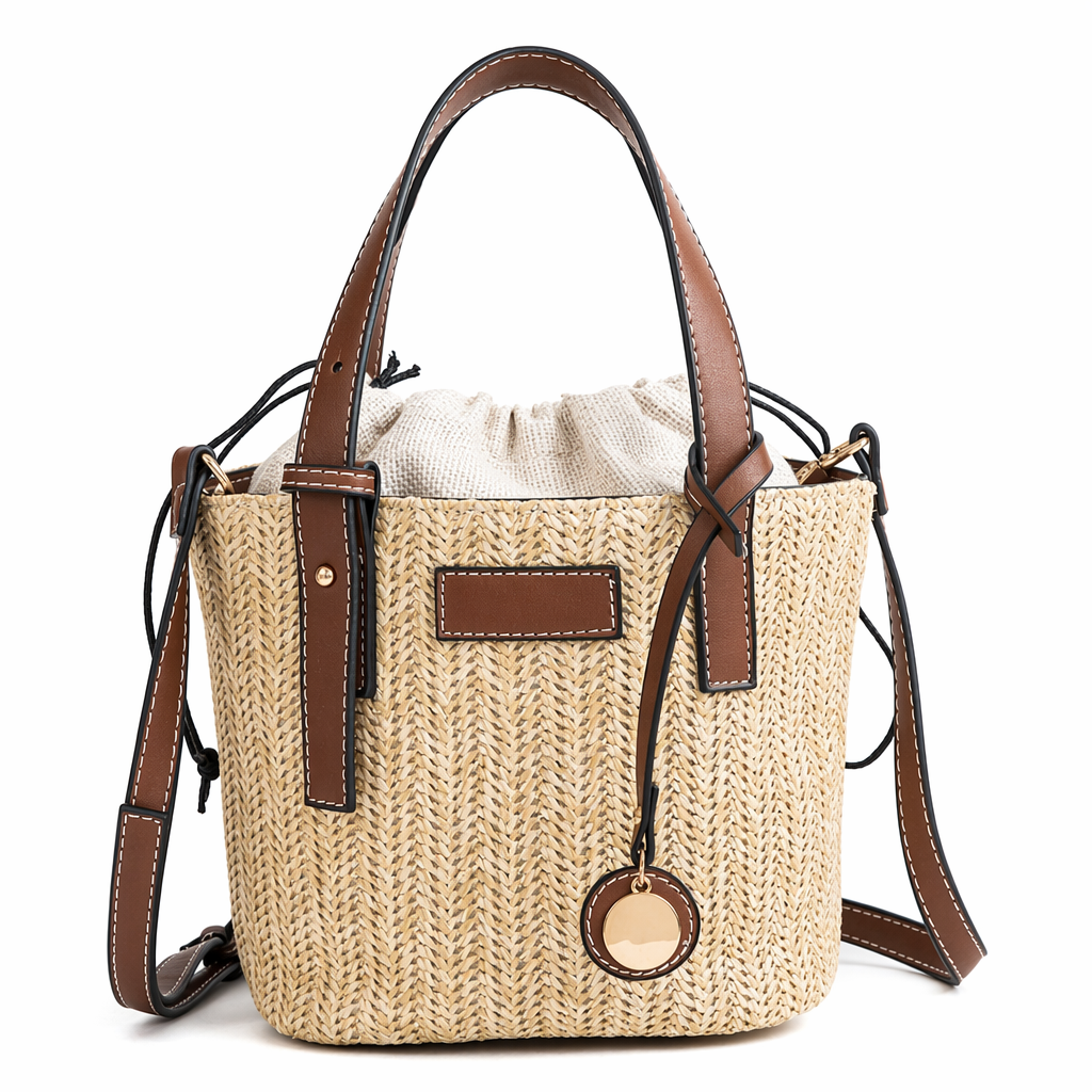 Vegan Leather Handled Straw Shoulder Bag Brown