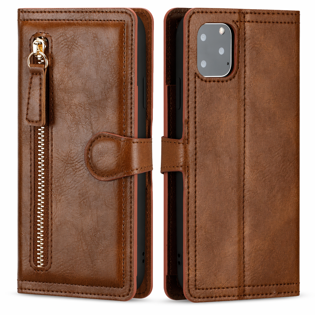 Wireless Charging Compatible Flip Case with Zippered Wallet for iPhone X to 14 Series Coffee