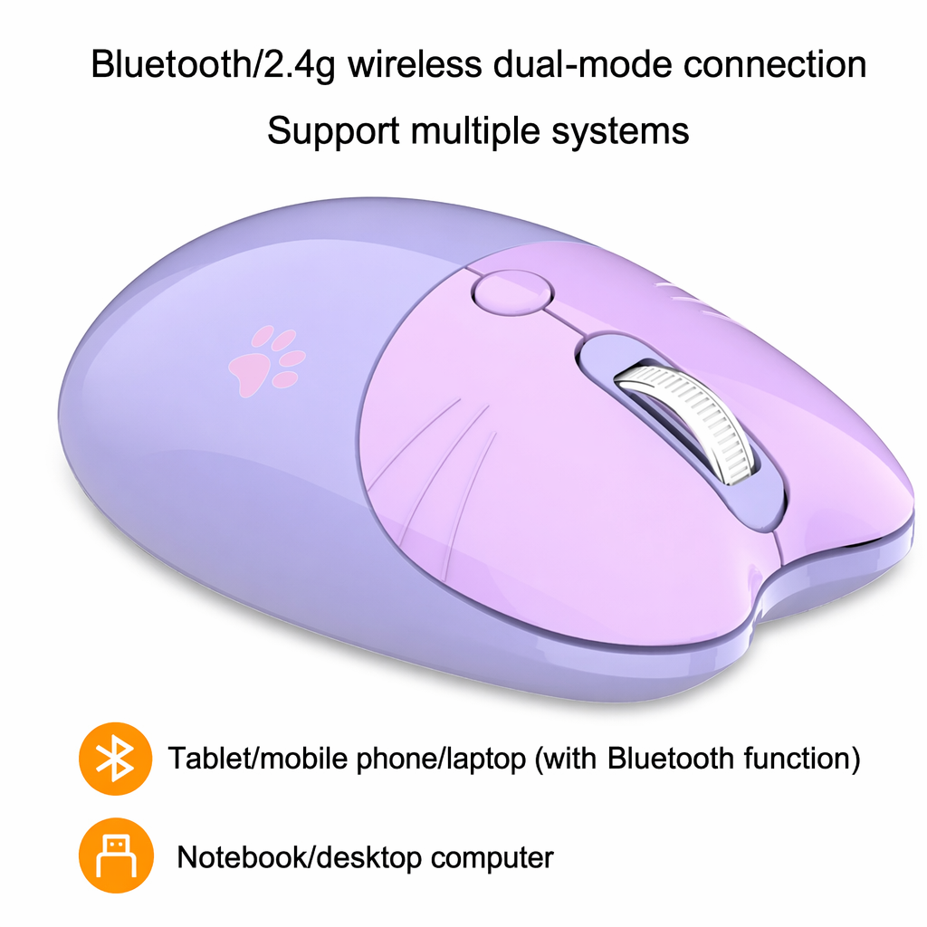 Cartoon Feline Themed Wireless Mouse with Bluetooth 2.4Ghz Purple