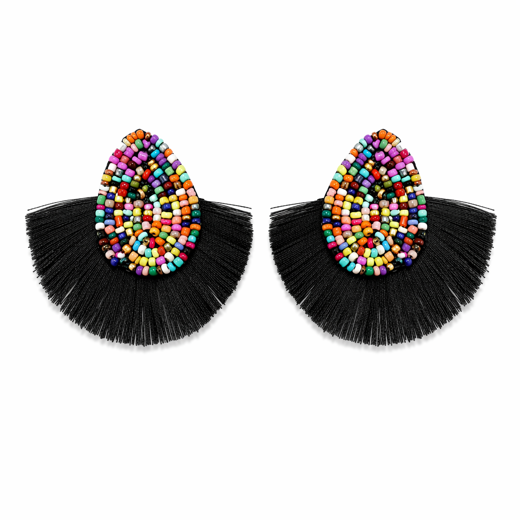 Vibrant Tasseled Waterdrop Earrings with Beaded Accents Black