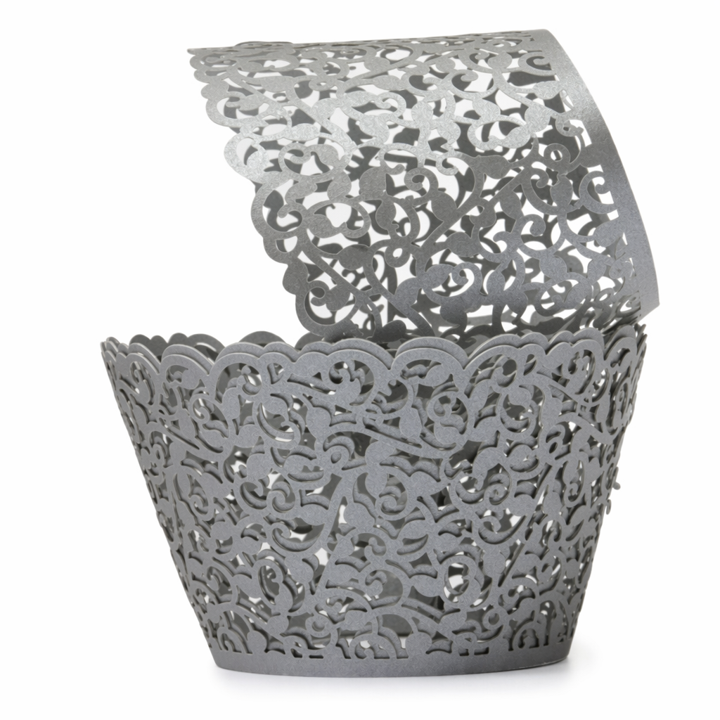 100-piece set of Delicate Vine Laser Cut Cupcake Wrappers Silver