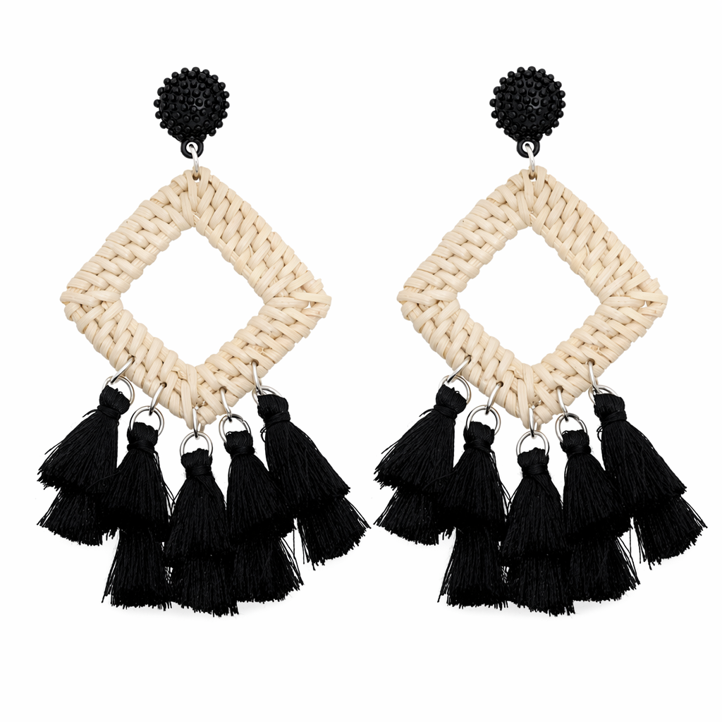 Tassel Rattan Dangle Earrings Black