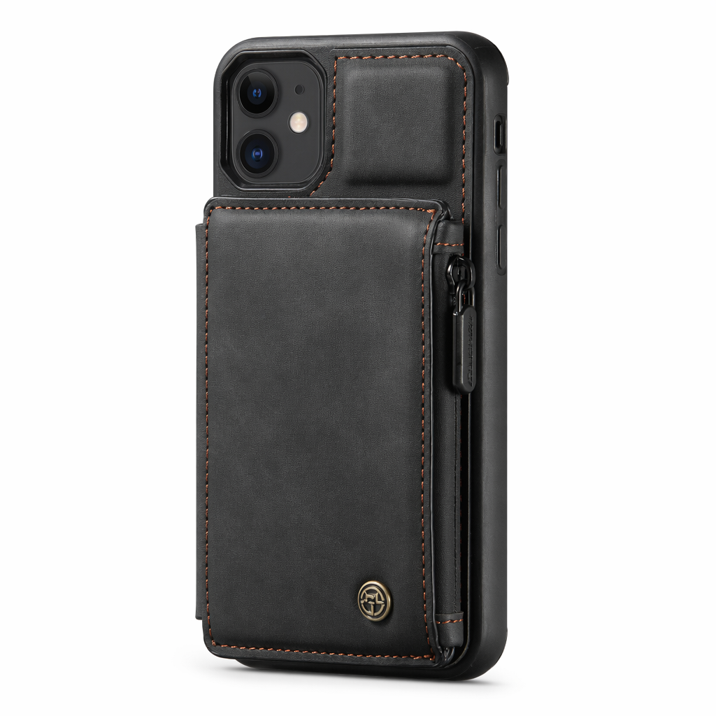 Slim Back Case with Zipper for iPhone 11 to 15 Series Black