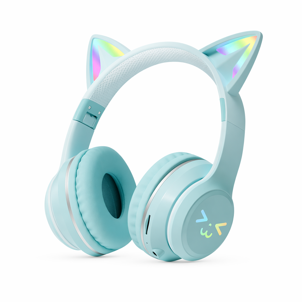 RGB Foldable Bluetooth Headphones with Cat Ear Design Green