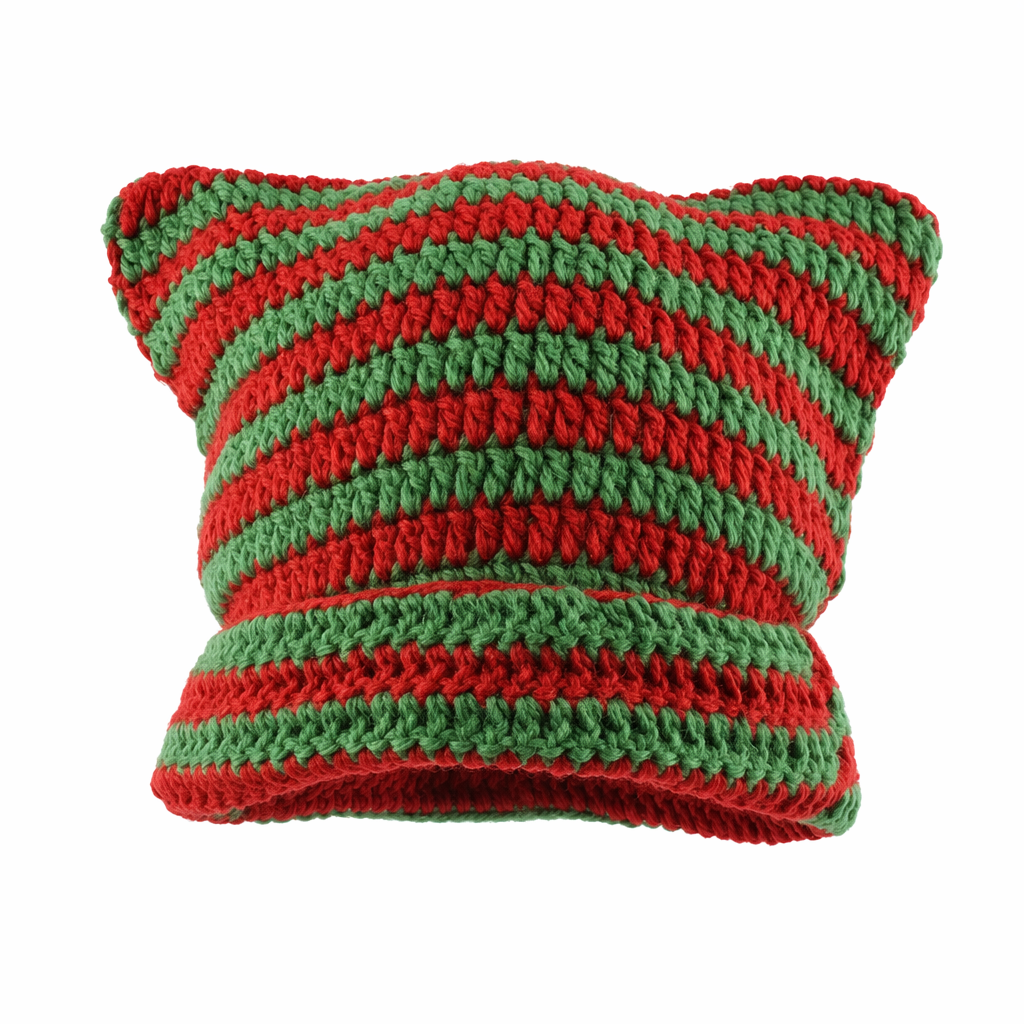 Striped Knitted Beanie for Adults green red handmade