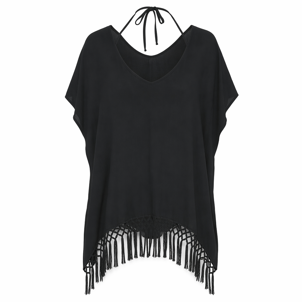 Women's Tasseled V-Neck Swimsuit Cover-Up Black