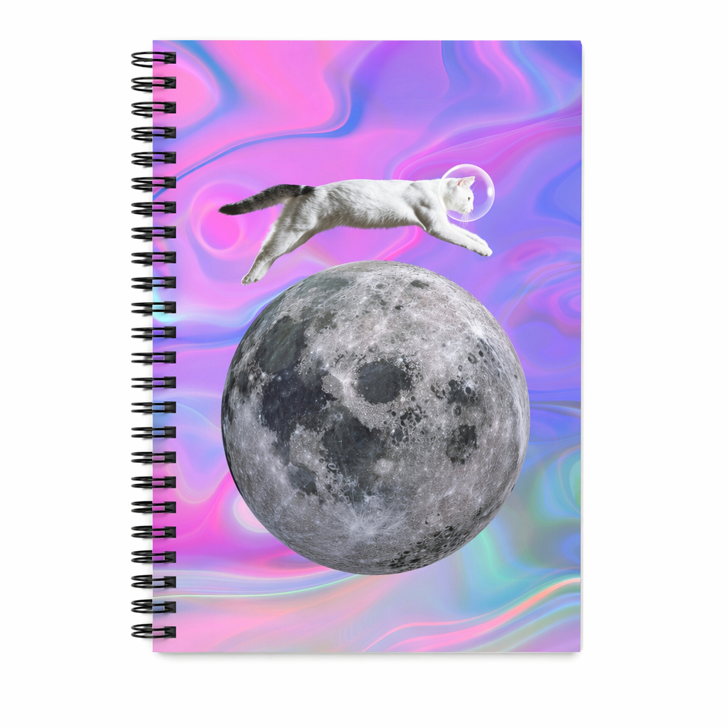 Feline Space Explorer Leaping Above Lunar Surface Notebook Default