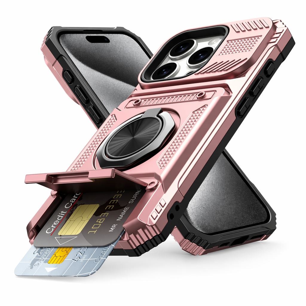 Magnetic Kickstand iPhone Armor Card Slot Protective Case Rose Gold