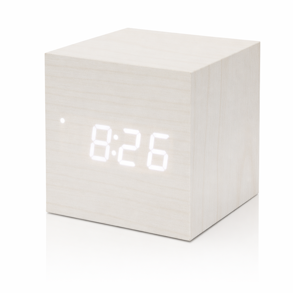 Digital Alarm Clock with LED Wooden Thermometer Display White