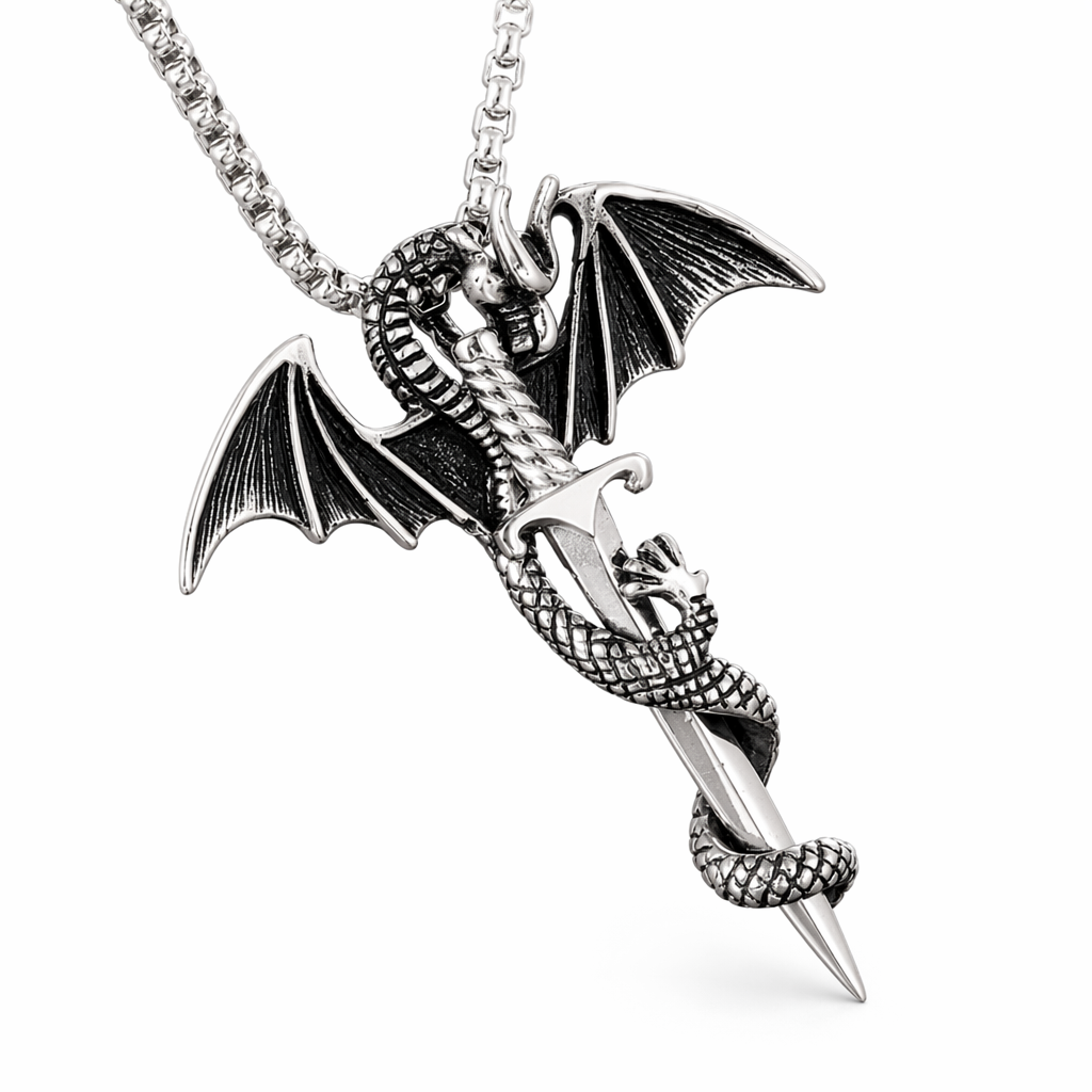 Dragon Rider Necklace with Sword Pendant Silver