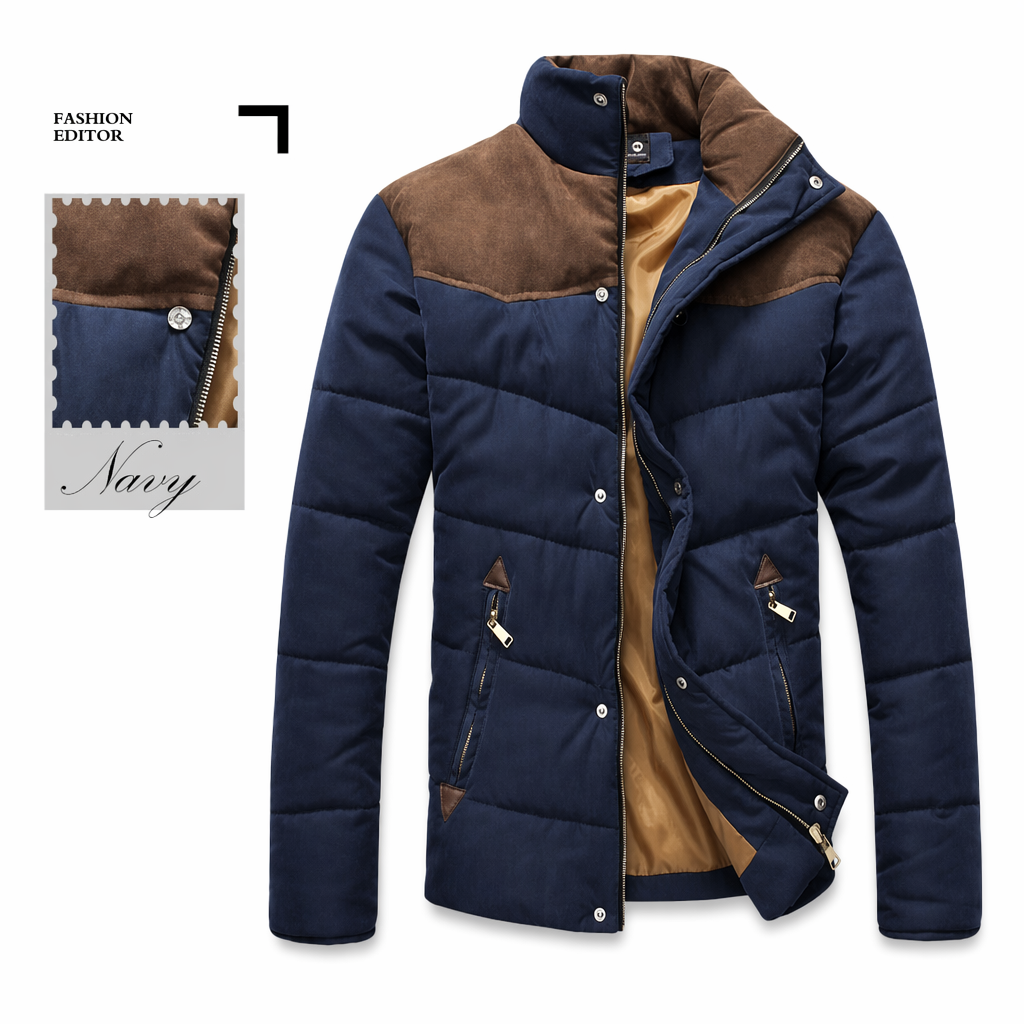 Navy Blue Men's Puffer Jacket with a Stand Collar Default