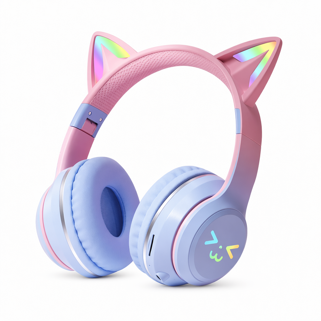 RGB Foldable Bluetooth Headphones with Cat Ear Design Blue