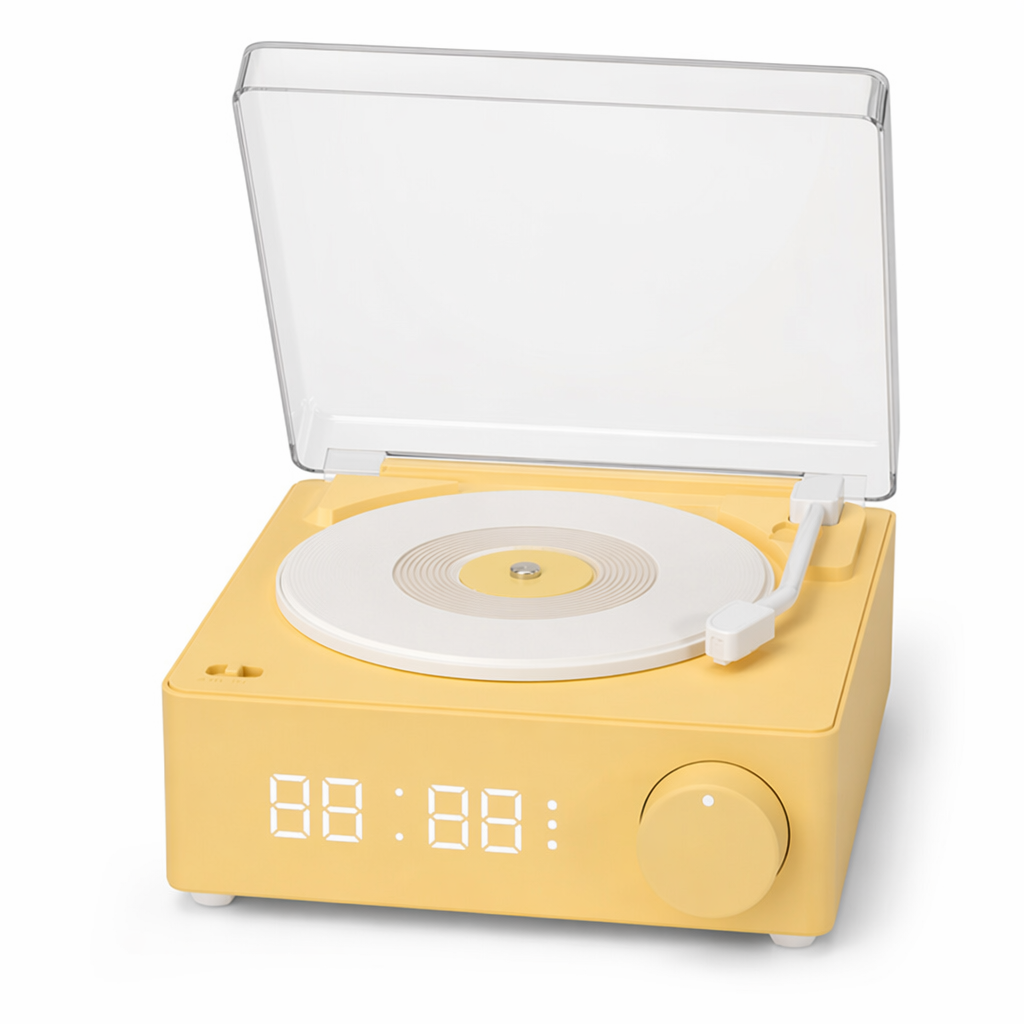 Retro Bluetooth Turntable Speaker with Alarm Clock Functionality Yellow