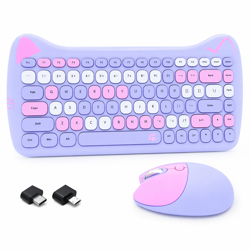 Wireless Keyboard and Mouse Kit with Feline Design Purple