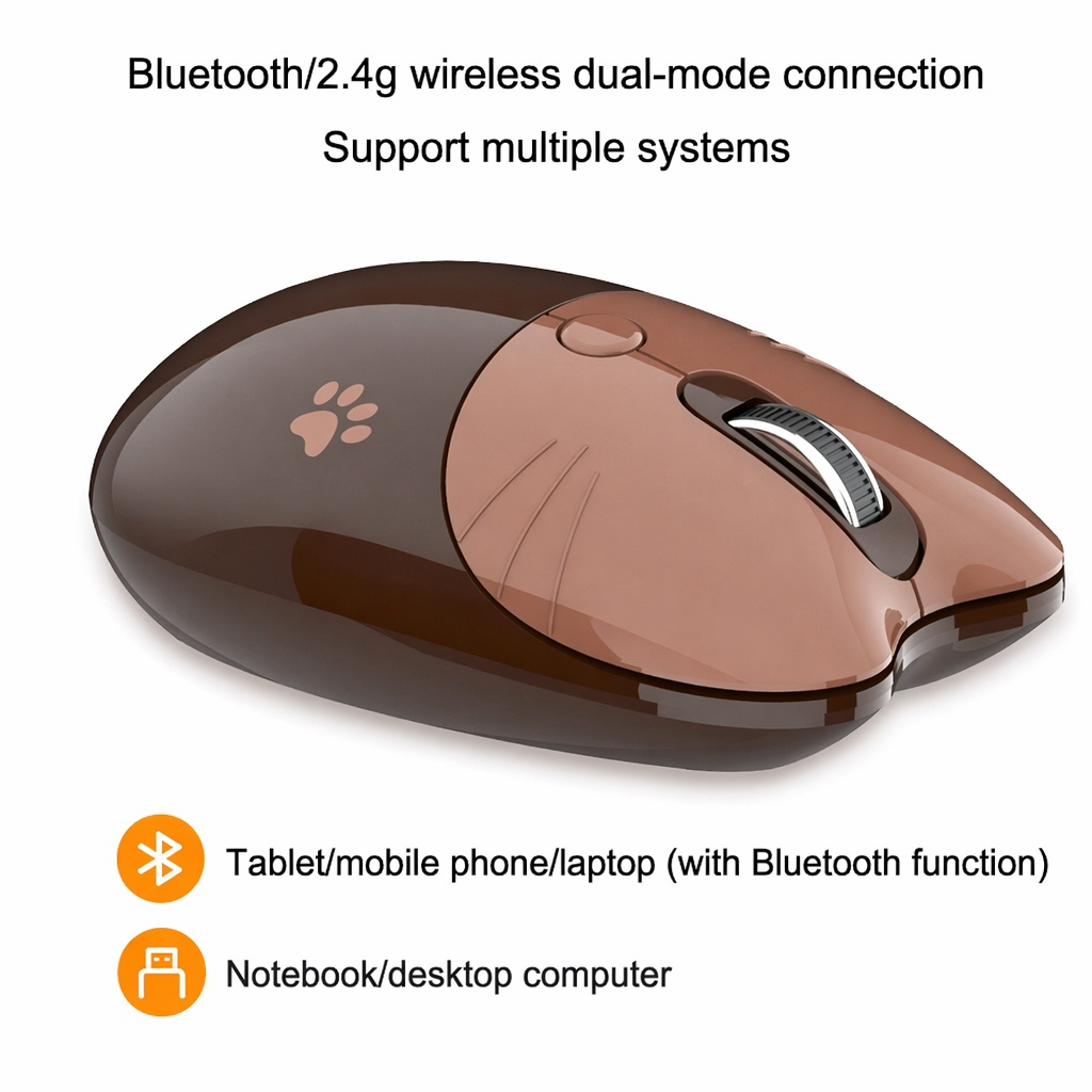 Cartoon Feline Themed Wireless Mouse with Bluetooth 2.4Ghz Brown