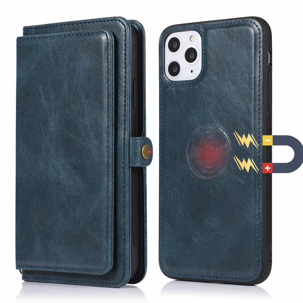 Vegan Magnetic Card Holder Wallet Case with Strap for iPhone 11 to 15, made from Synthetic Leather Blue