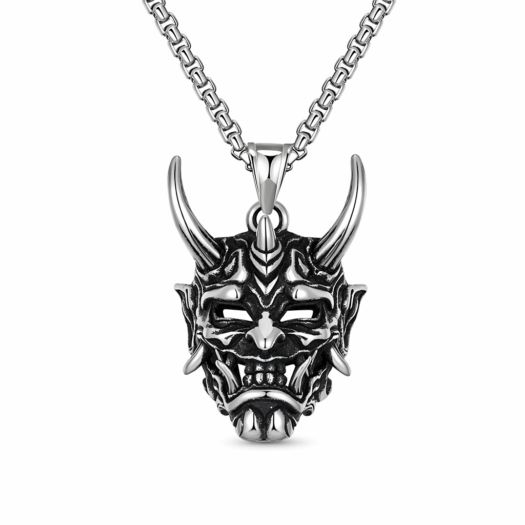 Japanese Spirit Skull Mask Necklace Silver