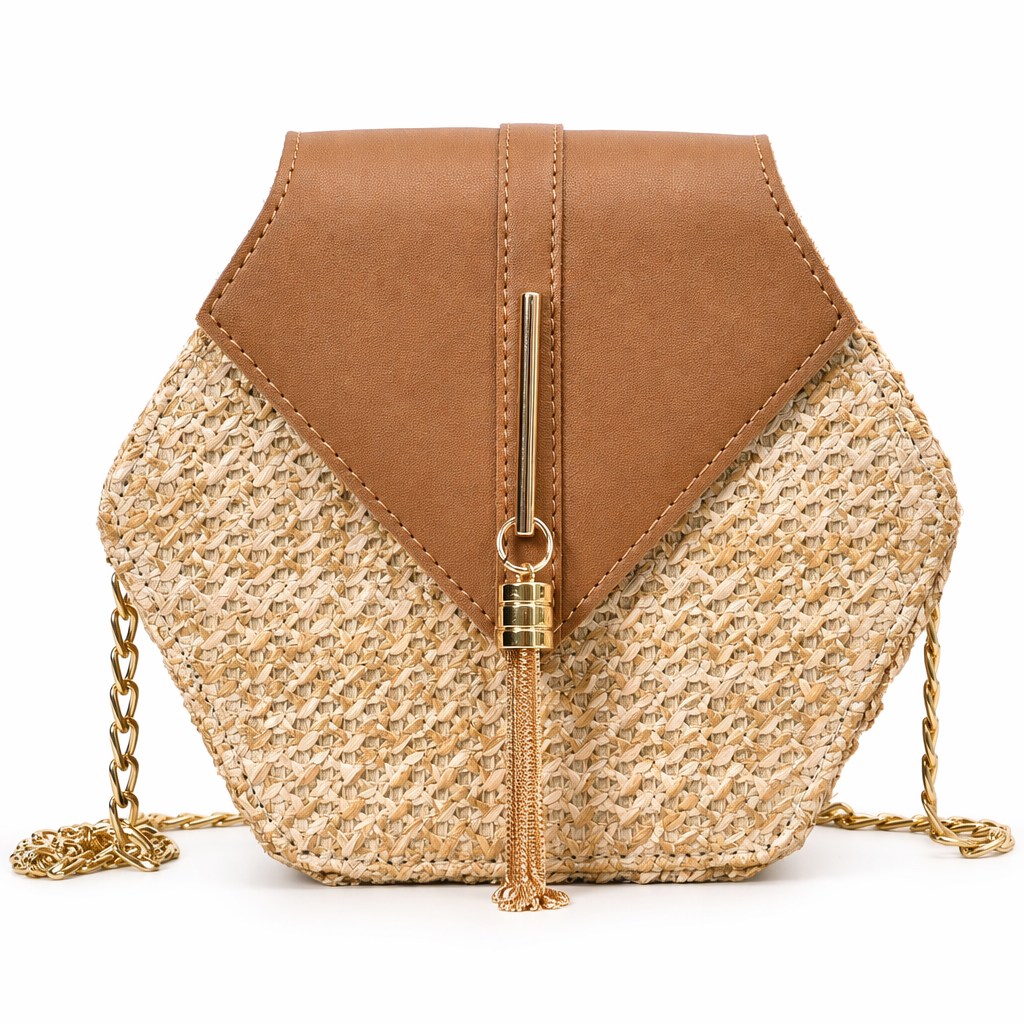 Vegan Leather Covered Mini Straw Handbag Brown