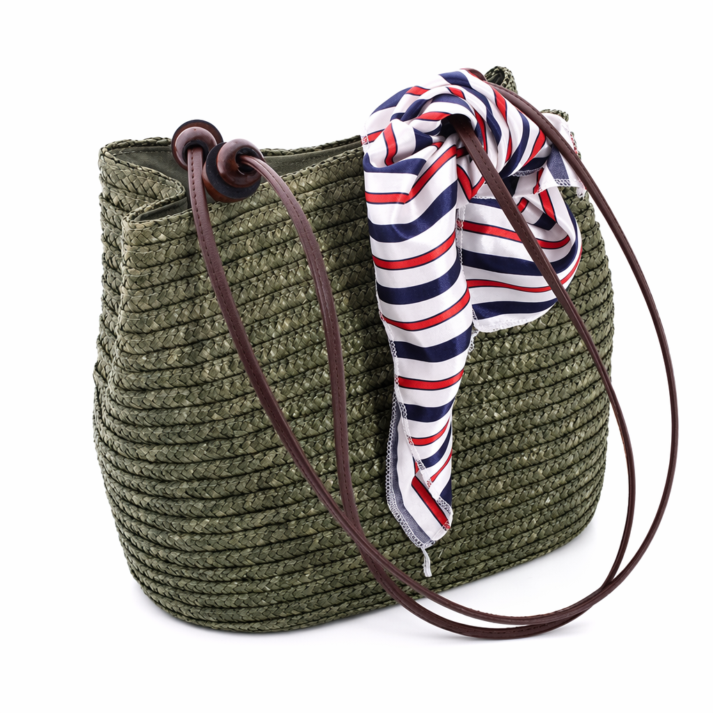 Wooden Beaded Straw Handbag GREEN
