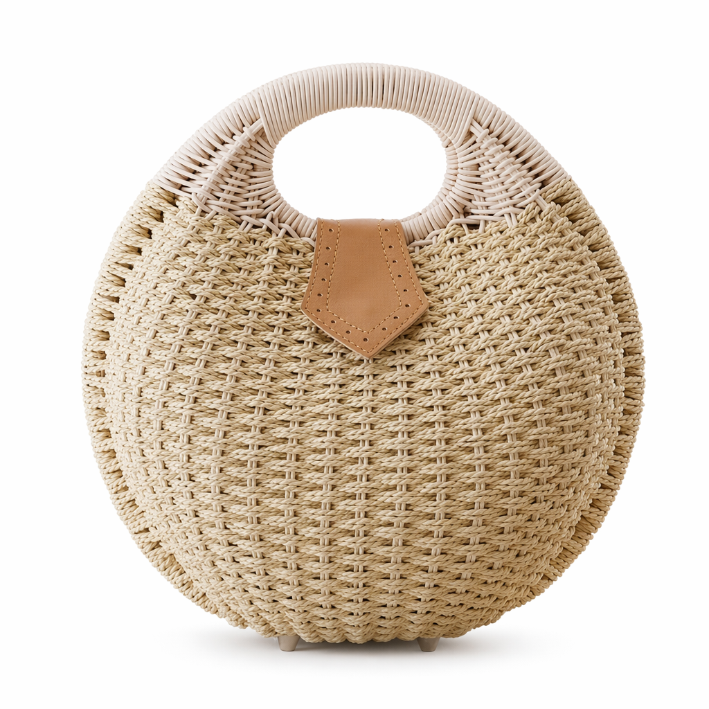 Round-Shaped Wicker Handbag with a Top Handle Beige