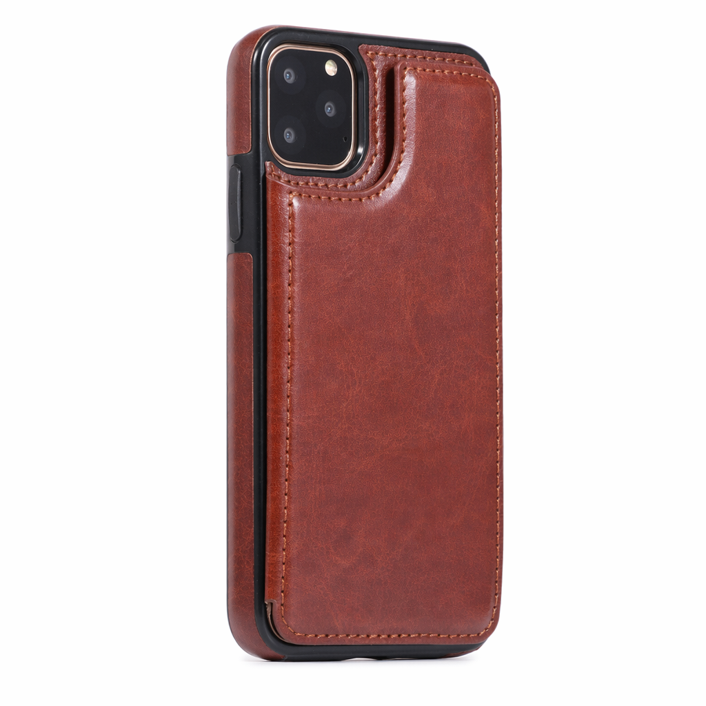 Retro-Themed Vegan Leather Flip Wallet Case for iPhone 11 to 15 Brown