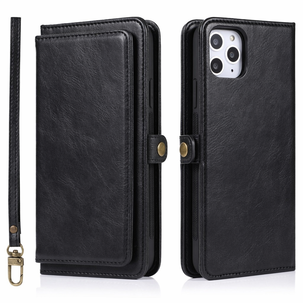 Vegan Magnetic Card Holder Wallet Case with Strap for iPhone 11 to 15, made from Synthetic Leather Black