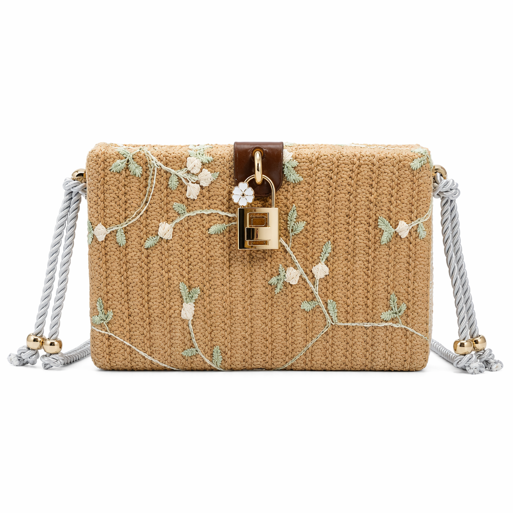 Straw Shoulder Bag with Floral Print Brown