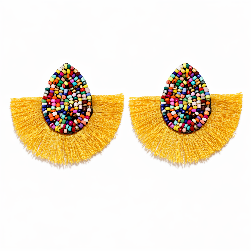 Vibrant Tasseled Waterdrop Earrings with Beaded Accents Yellow