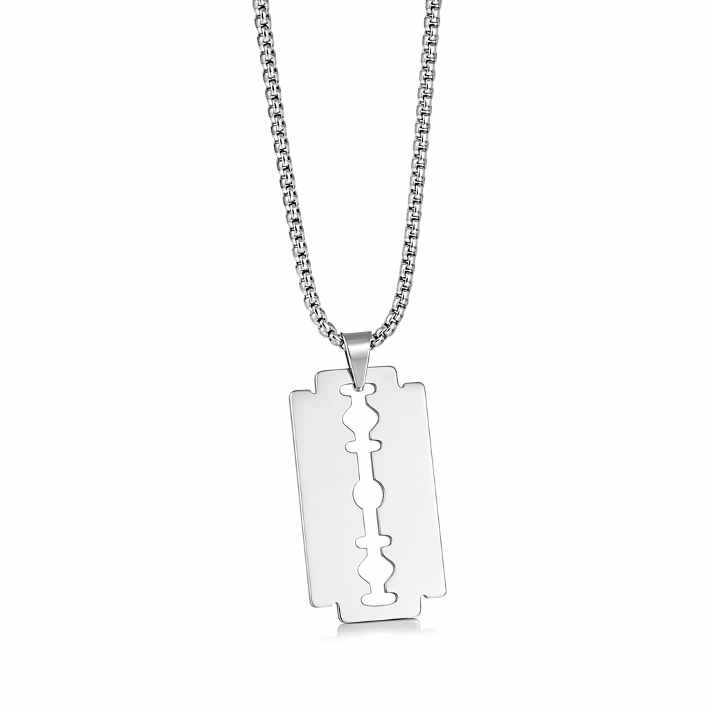 Polished Razor Blade Pendant Necklace Silver