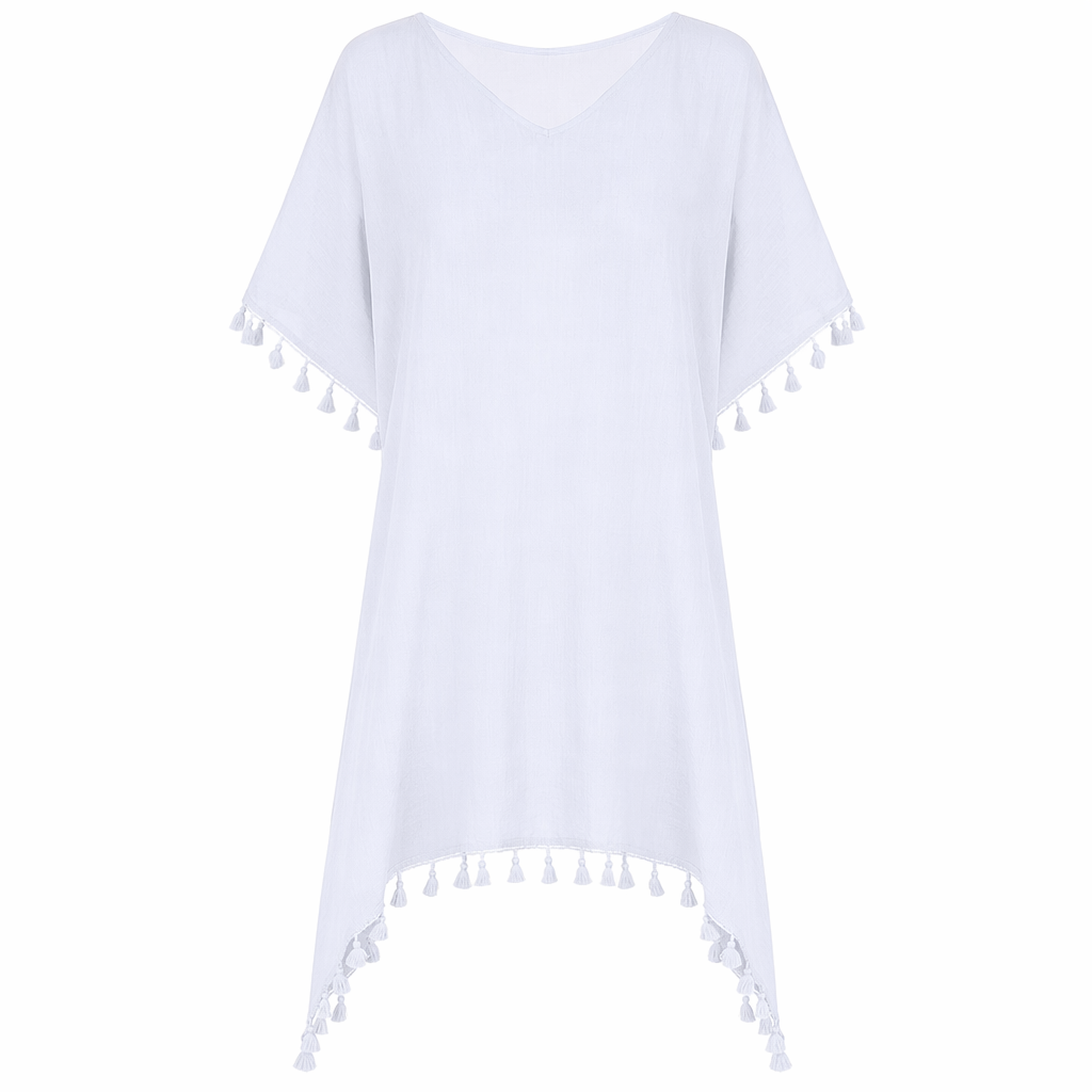 Chiffon Swimsuit Cover Up with Tassels - Perfect for the Summer Beach White