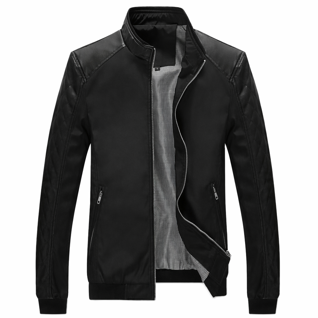 Stand Collar Bomber Motorcycle Jacket for Men Black