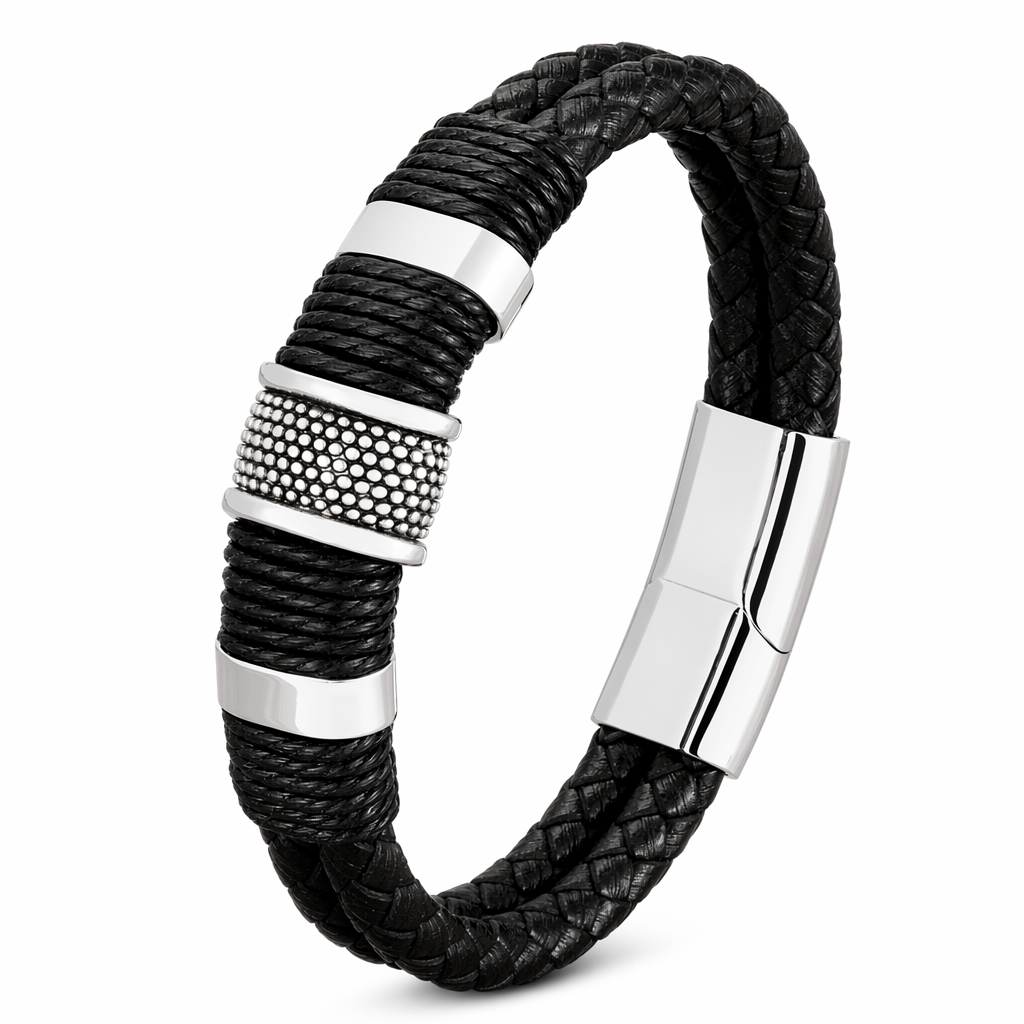 Stainless Steel Accented Vegan Leather Wristband Silver