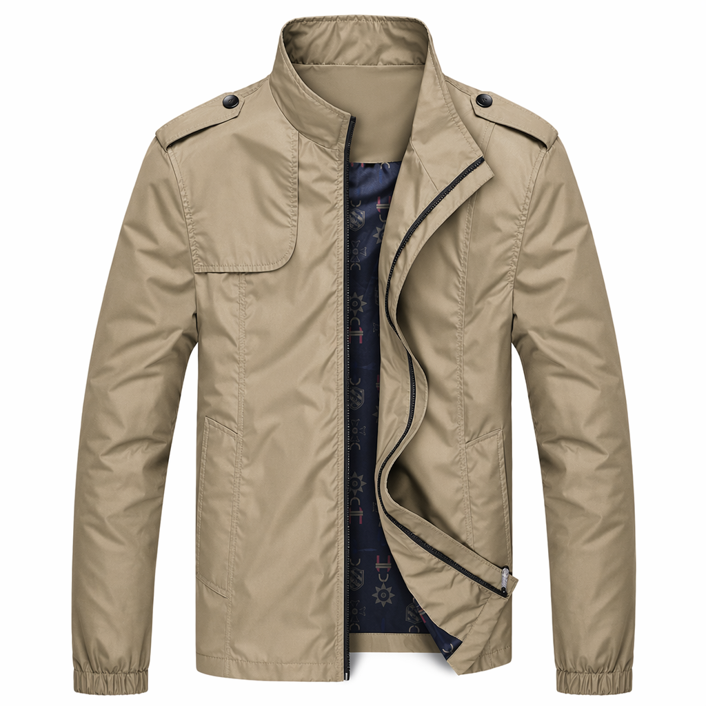 Zippered Jacket with Stand Collar for Men Khaki