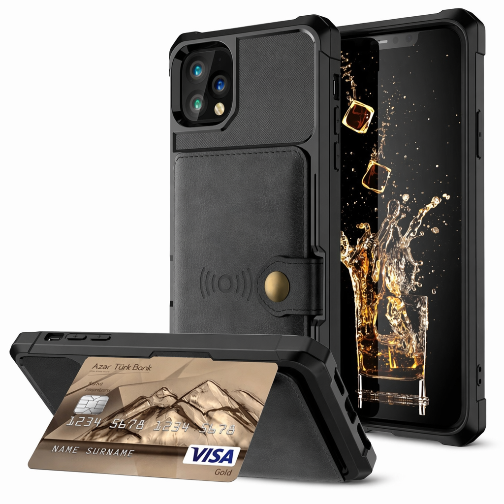 Magnetic Leather Wallet Armor Case for iPhone - Ensuring Complete 360-Degree Protection Black