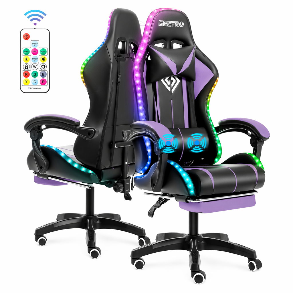 LED Gaming Chair with Built-In Footrest and Massaging Function Purple