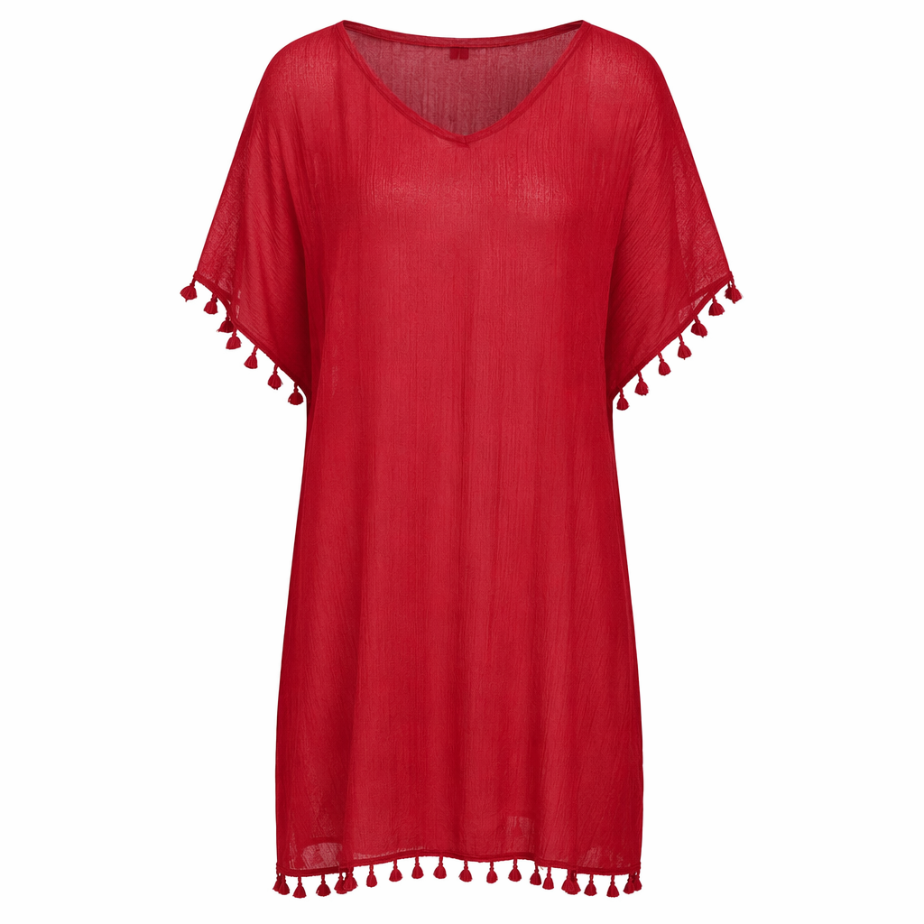 Chiffon Swimsuit Cover Up with Tassels - Perfect for the Summer Beach Red