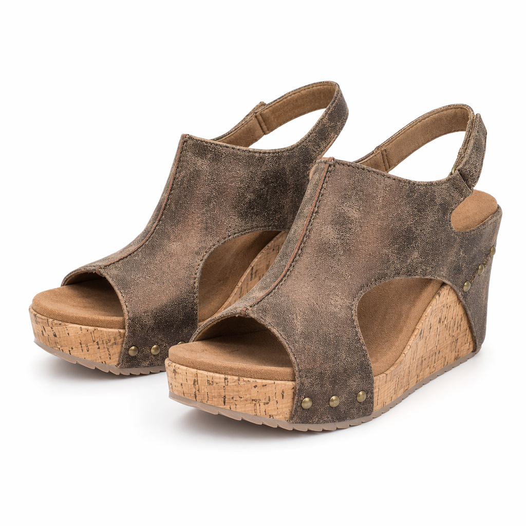 Vegan Cork Wedge Sandals for Women Brown