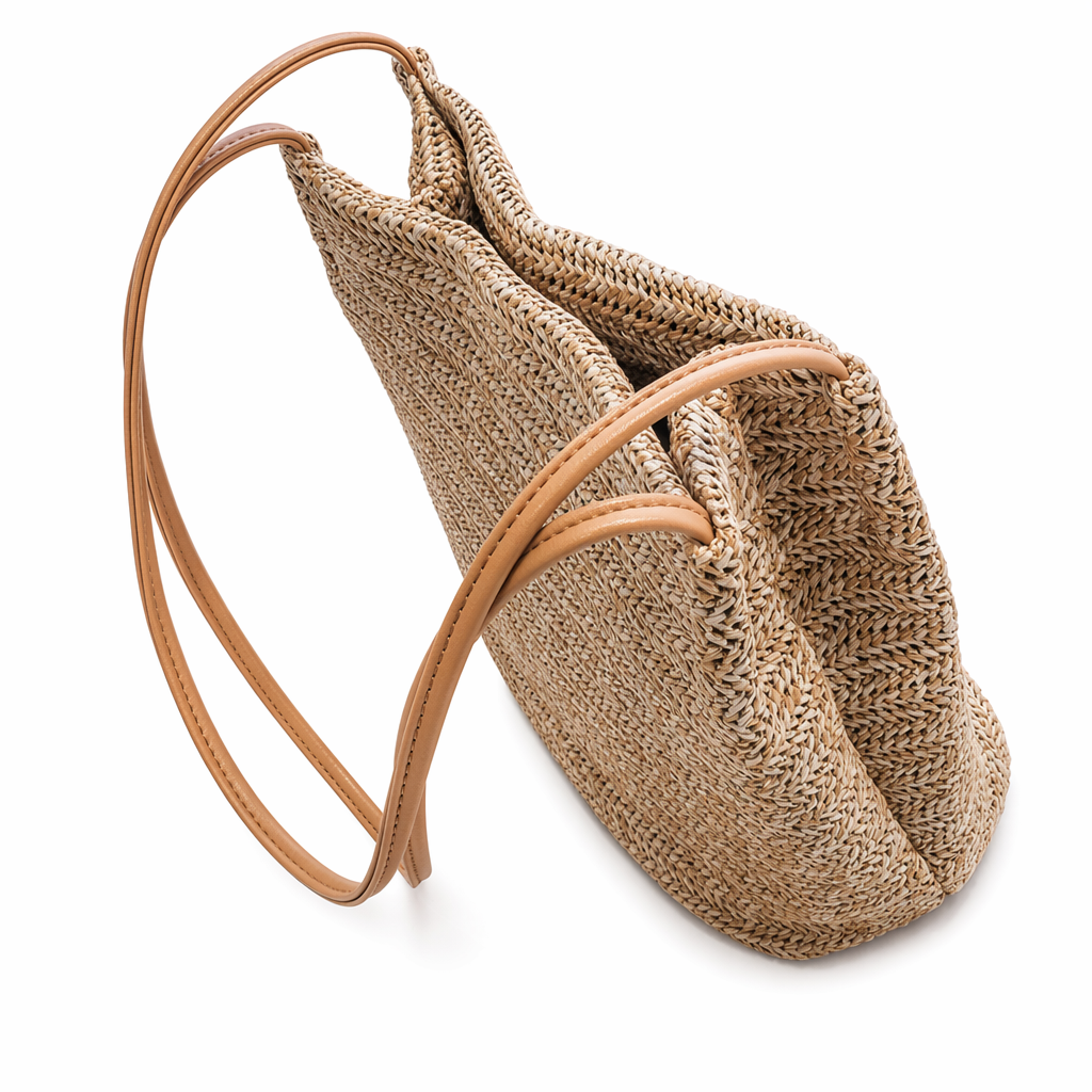 Sleek Faux Leather Handle Woven Straw Bag Default