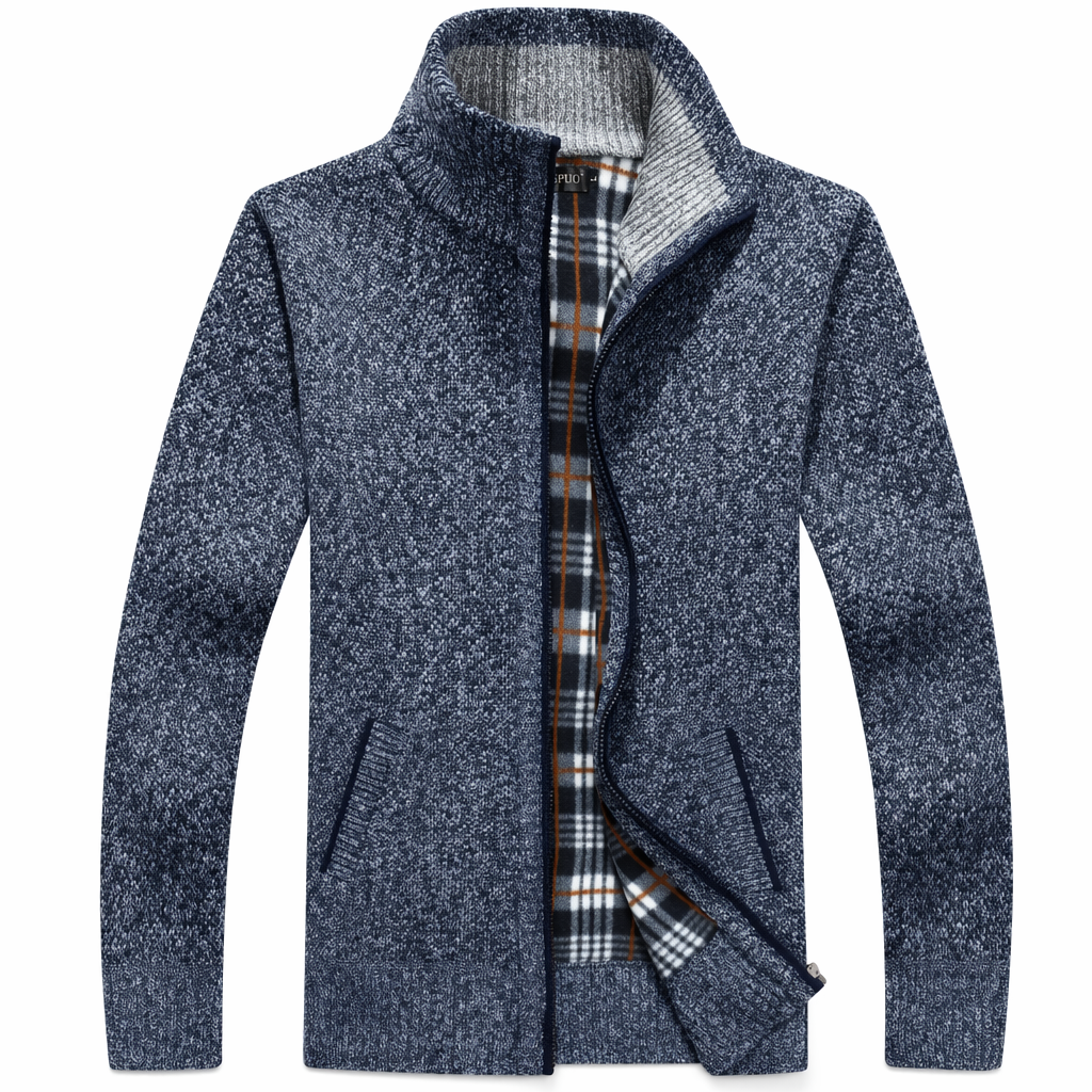 Slim Fit Zipper Cardigan for Men with Stand-Up Collar Blue