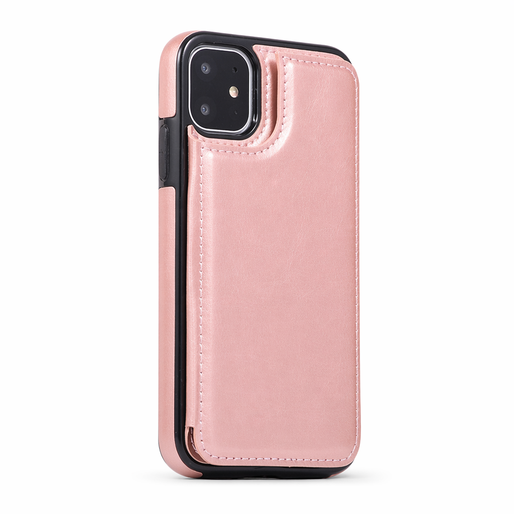 Retro-Themed Vegan Leather Flip Wallet Case for iPhone 11 to 15 Rose Gold