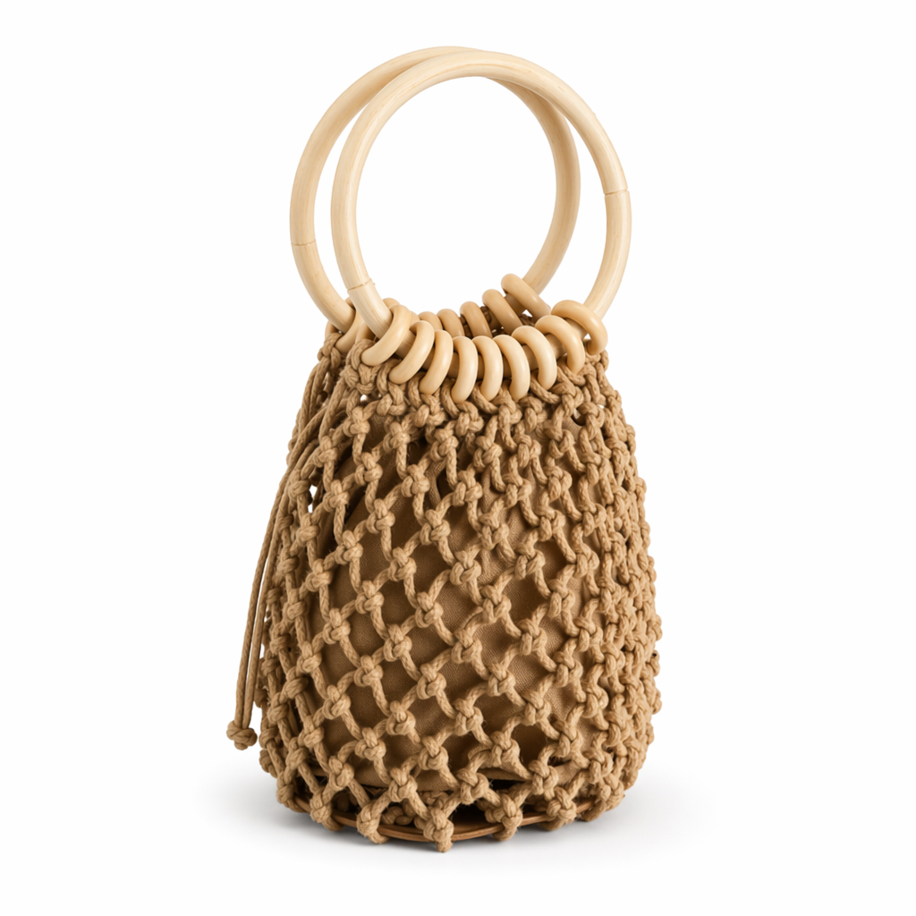 Cotton Crochet Bag with Rattan Ring Handle for the Summer Season Brown
